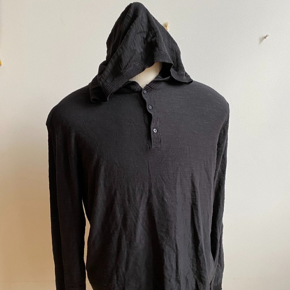 𝅺HEDGE Mens Black Hooded Lightweight Henley Sweater BNWOT New Long Sleeve
